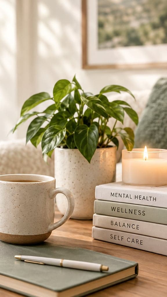 A cozy desk with a mug, a plant, a candle, and books on mental health and wellness